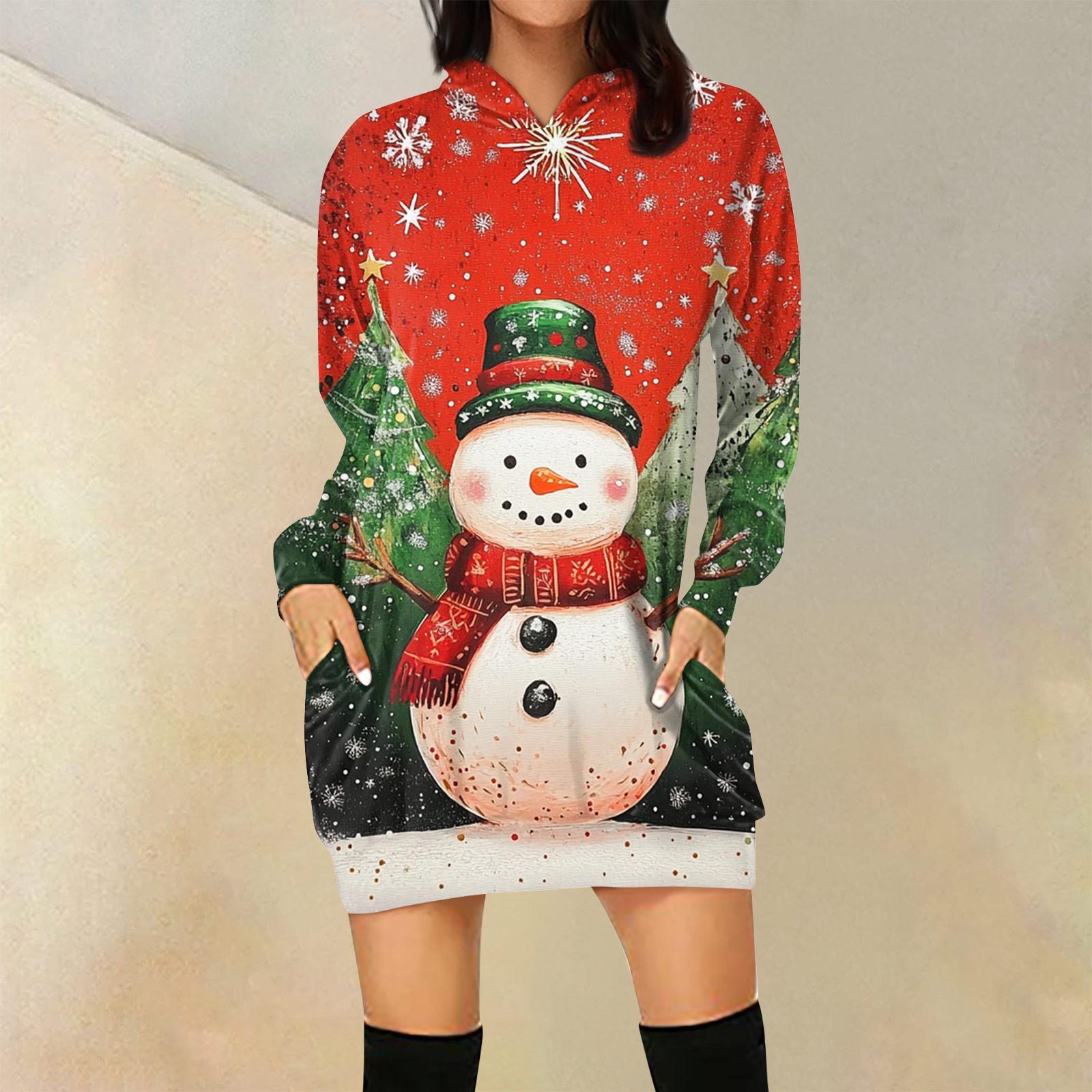 

Женская свободная повседневная толстовка с капюшоном и карманом с длинными рукавами с рождественским принтом, длинный топ XL красный