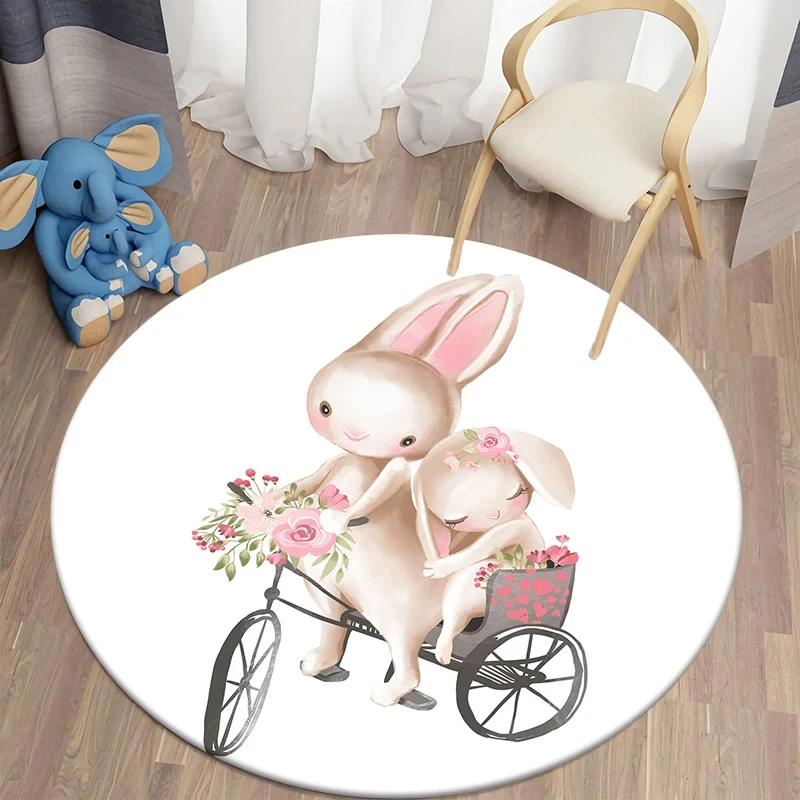 Cartoon Bunny Print Round Carpet Rabbit Area Rugs Circle Carpets for Living Room Floor Mat Polyester Anti-Slip Mats for Children