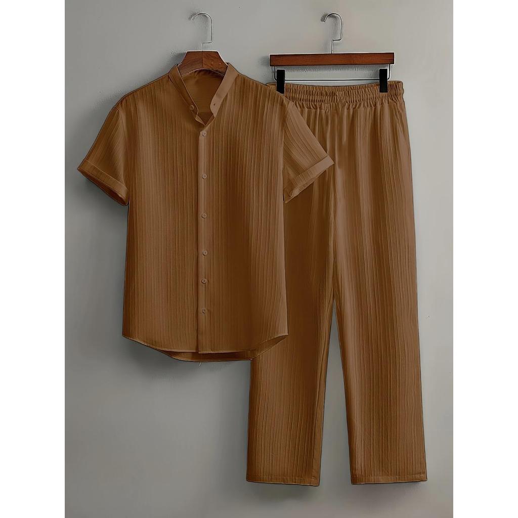 Men's Button Textured Casual Striped Short Sleeved Shirt and Elastic Straight Leg Pants Set, 2-piece Set