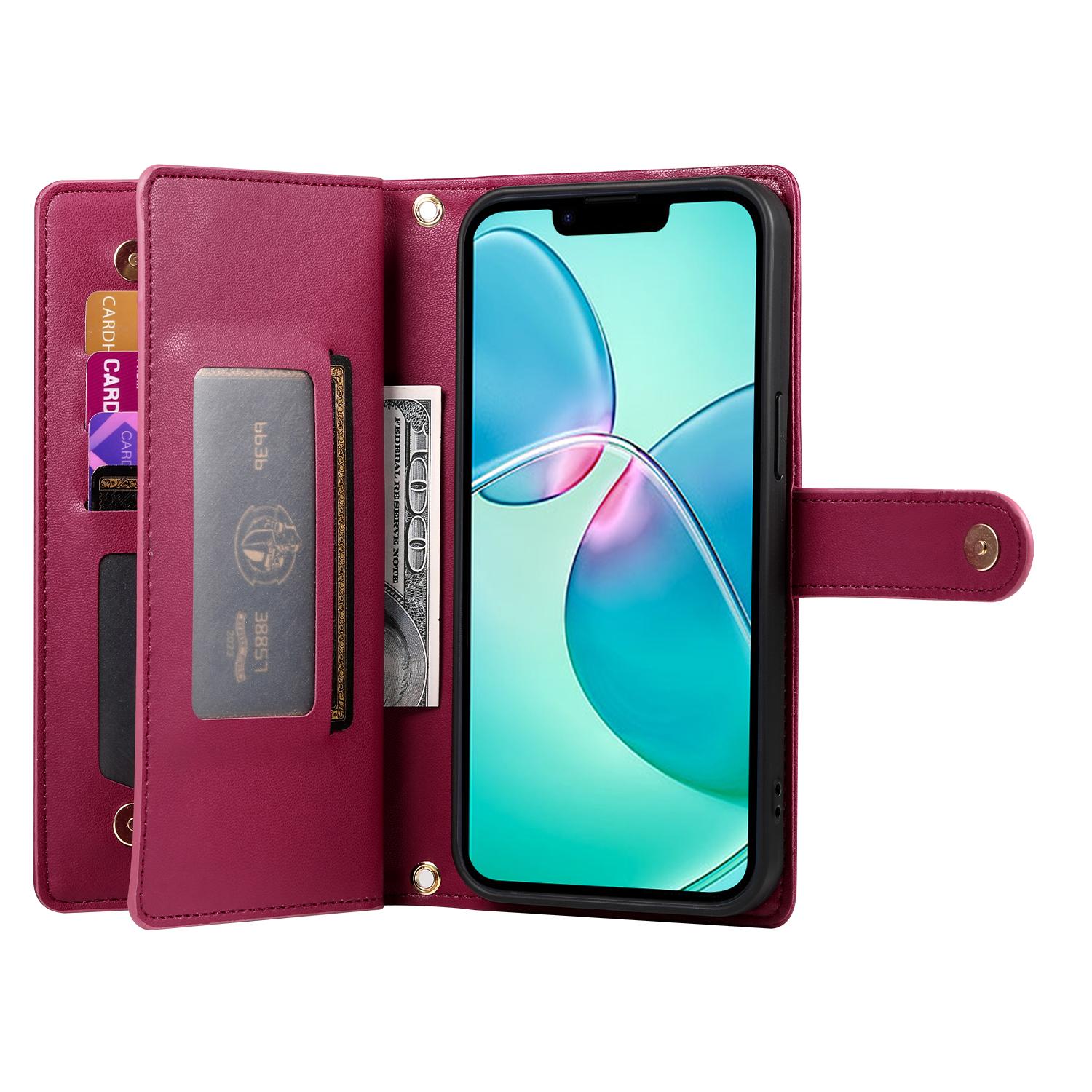 

DF-011 For iPhone 16e Case Zipper Wallet PU Leather Crossbody Phone Bag Pink