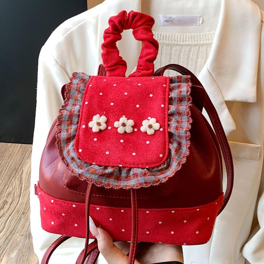 2025 New Cute Polka Dot Backpack Retro Foreign Style Flower Travel Backpack College Style Commuter Handbag