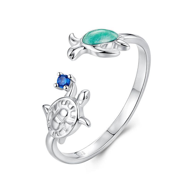 WOSTU Real 925 Sterling Silver Colorful Mermaid Open Ring Ocean For Women Blue Whale Adjustable Rings beach Jewelry Holiday Gift