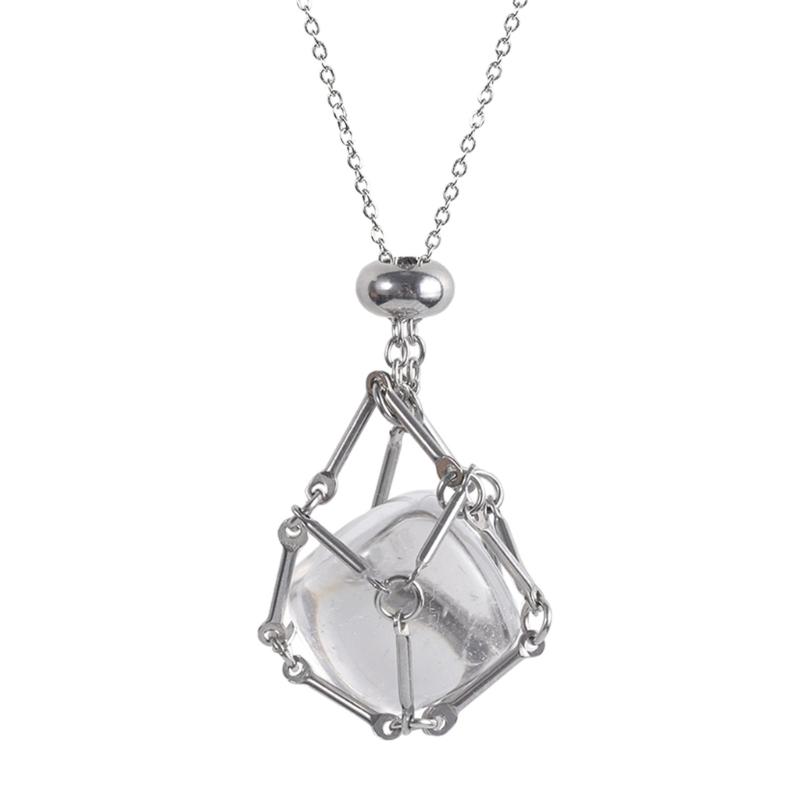 Handcrafted Square Crystal Pendant Necklace With Flexible Bamboo Link Chain And Secure Mesh Cage Setting For Elegant Occasions