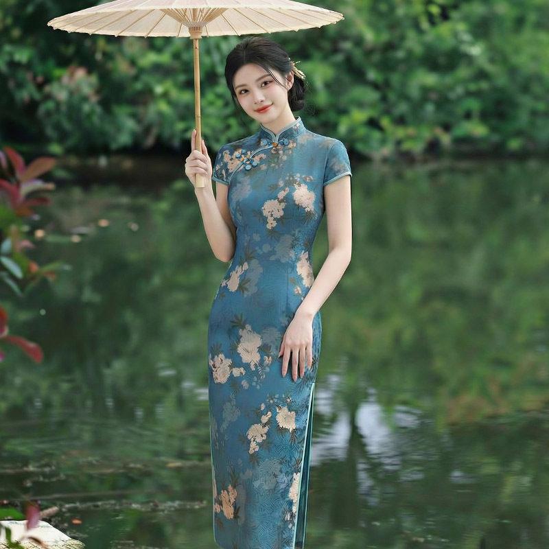 Blau Nationalstil Neu Chinesisch Suzhou Langer Cheongsam Verbessert Jung 1011 Neu Damen Hohes Gefühl Täglich Sommer