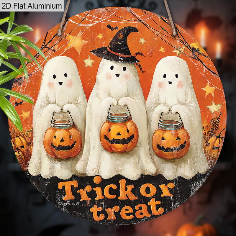 2D Flat Aluminium Halloween Sign with Adorable Ghosts Pattern - Trick or Treat Figurine Ornaments - Ideal for Front Door, Wall, Porch, Window Decor