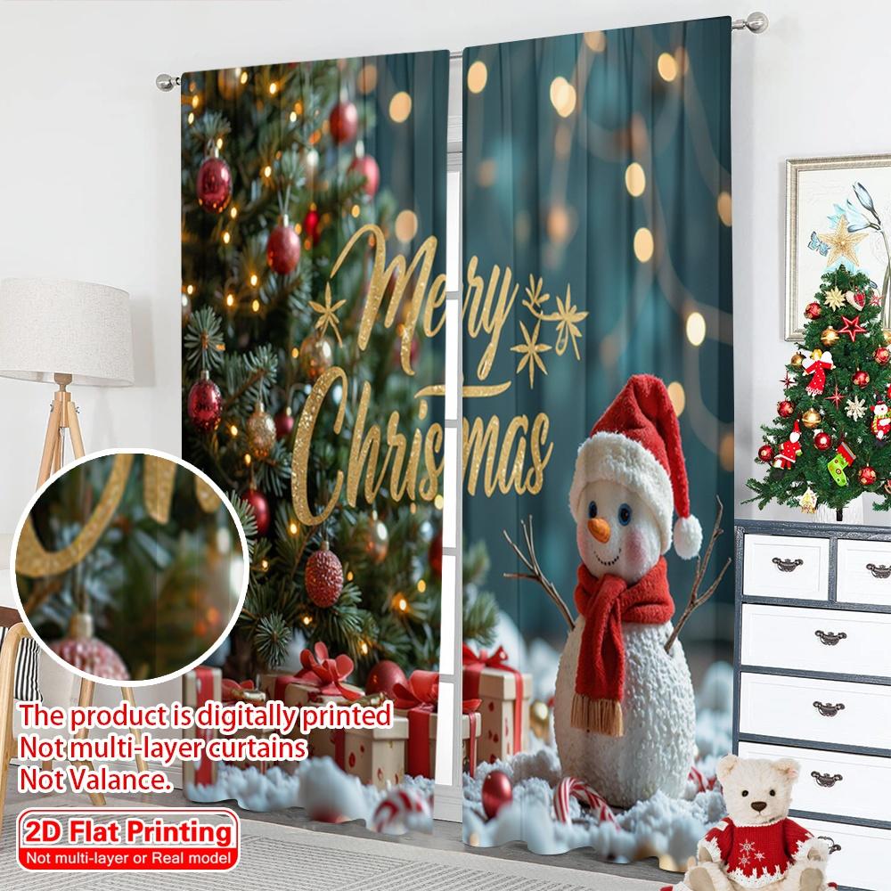 2pcs 2D Flat Printing Merry Christmas Popular Party Window Curtains Merry Christmas Decorations Santa Snowman Polyester Without