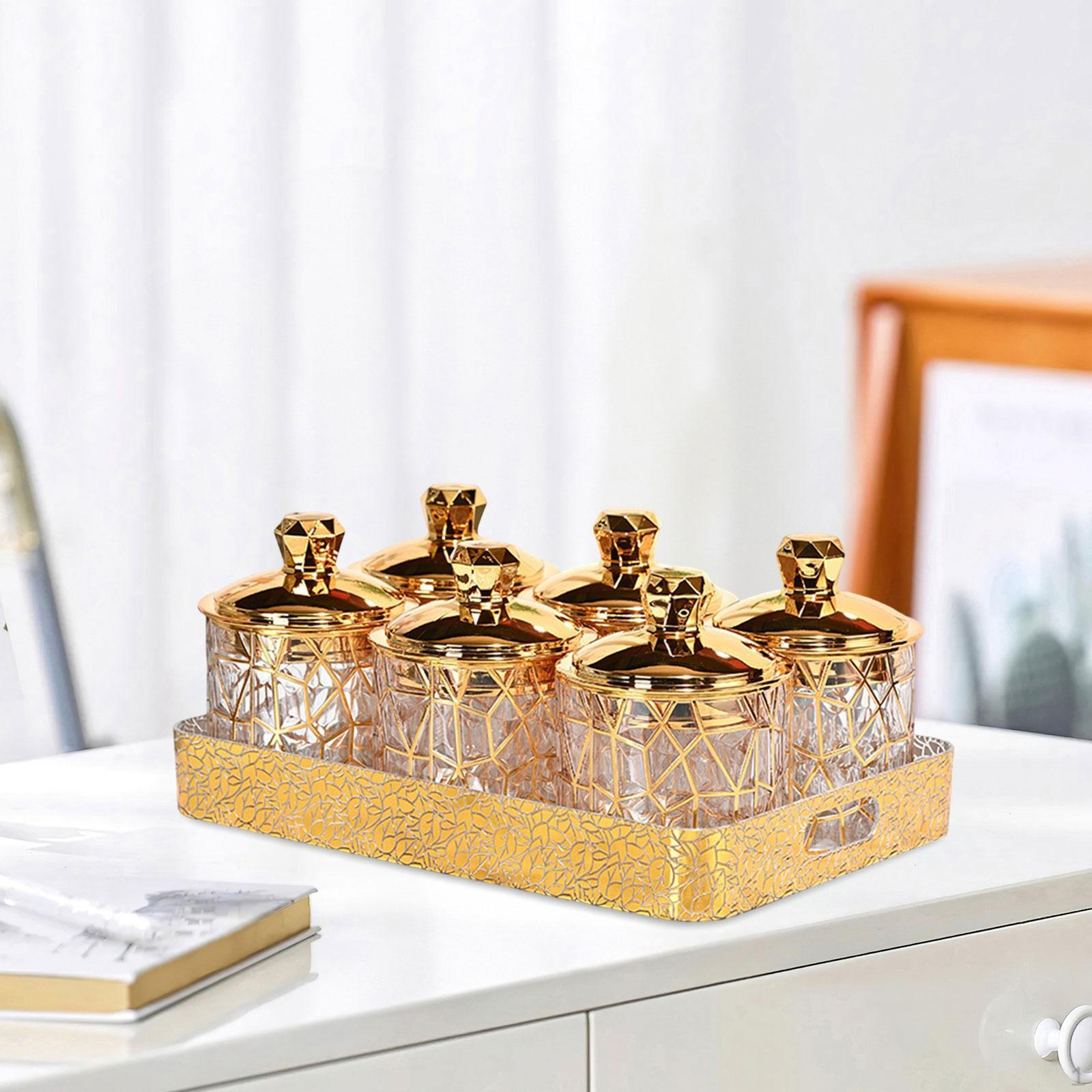 

Set of 6 Jars with Handle Tray Transparent Gold Organizer Food Storage Lids for Tea