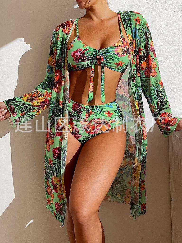 Long blouse split three-piece printed sexy swimsuit women's bikini new