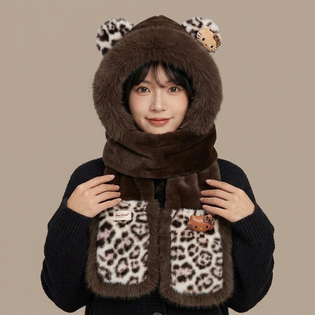 One-piece female autumn and winter warm hooded plush leopard print bear ears hat scarf scarf hat three-piece set