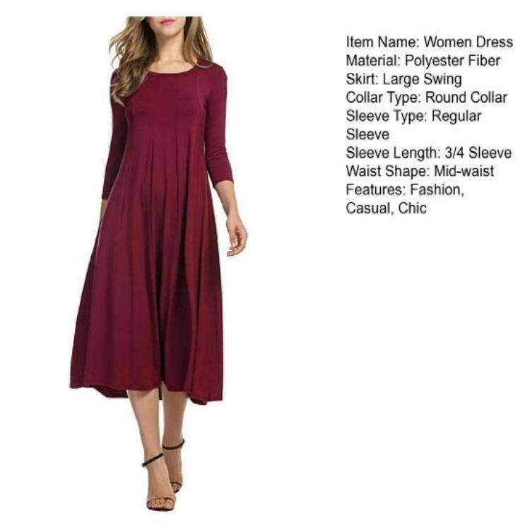 Women's Summer Beach Vacation Flowy Swing Dress 3 4 Sleeve Crew Neck Pleated A Line Midi Sundress