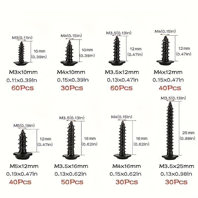 340pcs Self-Tapping Screw Set - M3/M4/M3.5/M5 Sizes, Pan Head Phillips Drive, Black Carbon Steel for Wood Furniture
