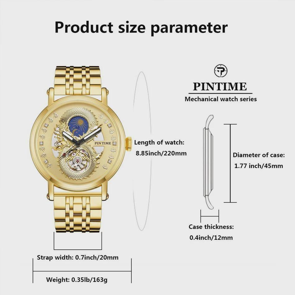 PINTIME Luxury Gold Stainless Watch Dragon Skeleton Mechanical Watch Men Moon Phase Tourbillon Wristwatch