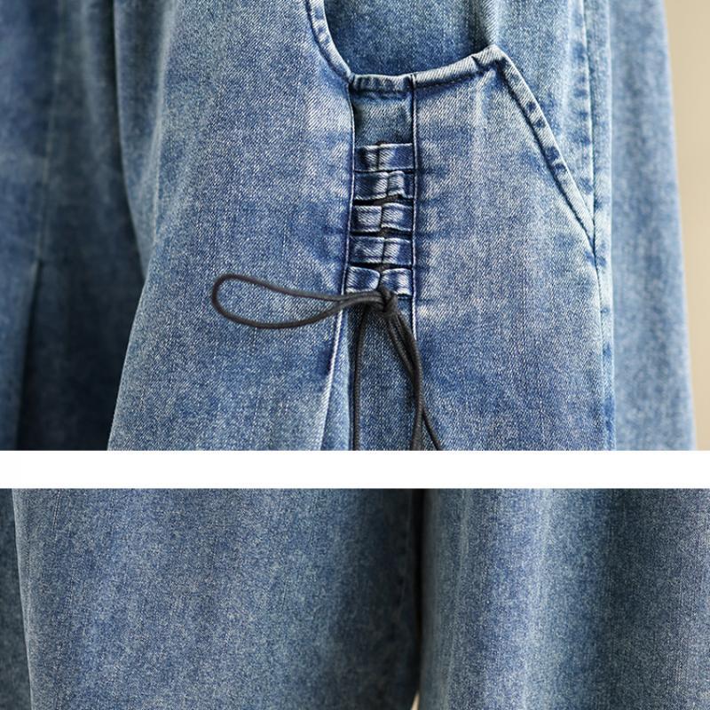 Plus Size Korean Style Spring Summer Women Wide Leg Jeans High Waist Bandage Casual Loose Denim Trousers with Pockets Elegant Stylish Streetwear Jeans