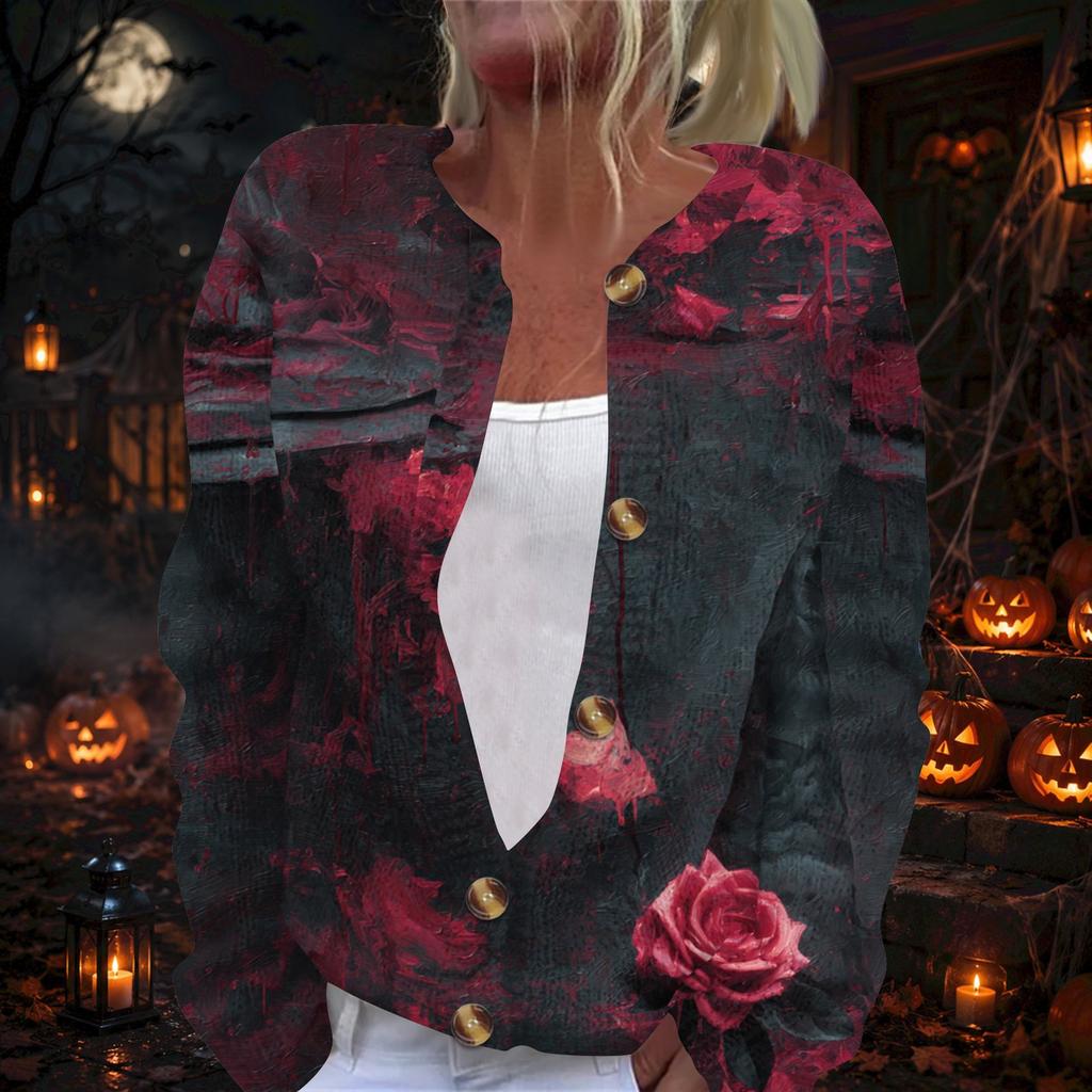 Women's Long Sleeve Knit Cardigan Button Up Sweater Lightweight Halloween Print Casual Open Front Top for Fall and Winter