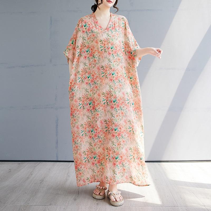 Short Sleeve Plus Size Cotton Vintage Floral New In Dresses for Women Casual Loose Maxi Long Summer Dress