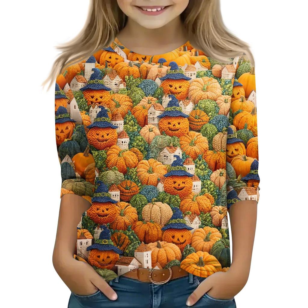 Children's 3/4 Sleeve Tops Casual Halloween Print T Shirt Round Neck Pullover Blouse