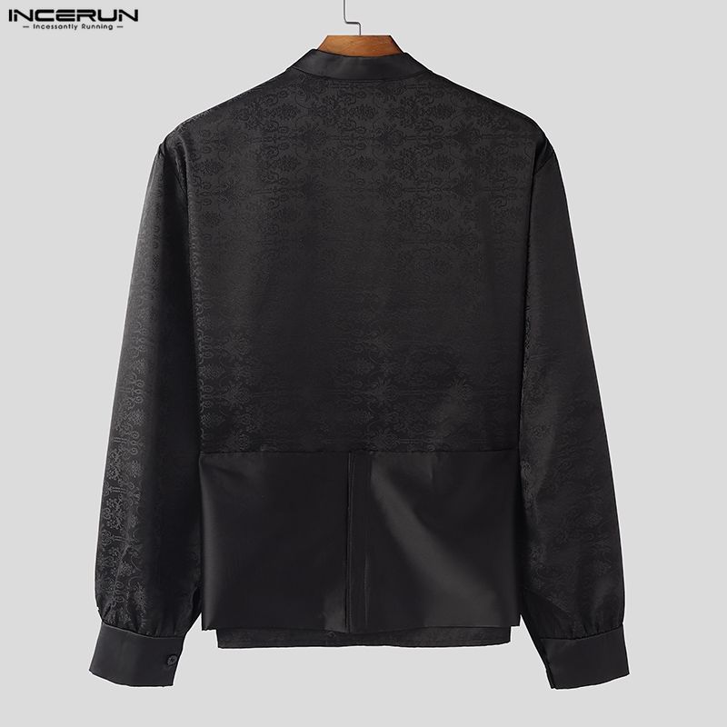 INCERUN Mens Deep V Neck Long Sleeve Floral Patchwork Front Cross Casual Elegant Crop T-shirts