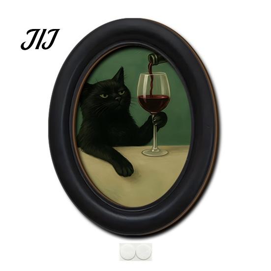 Decorative Wall Accents for Living Room Abstract Art Cat Decor, Oval 2D Wood Framed Funny Painting Unique Prints Print, Vintage Ornament Bedroom Home