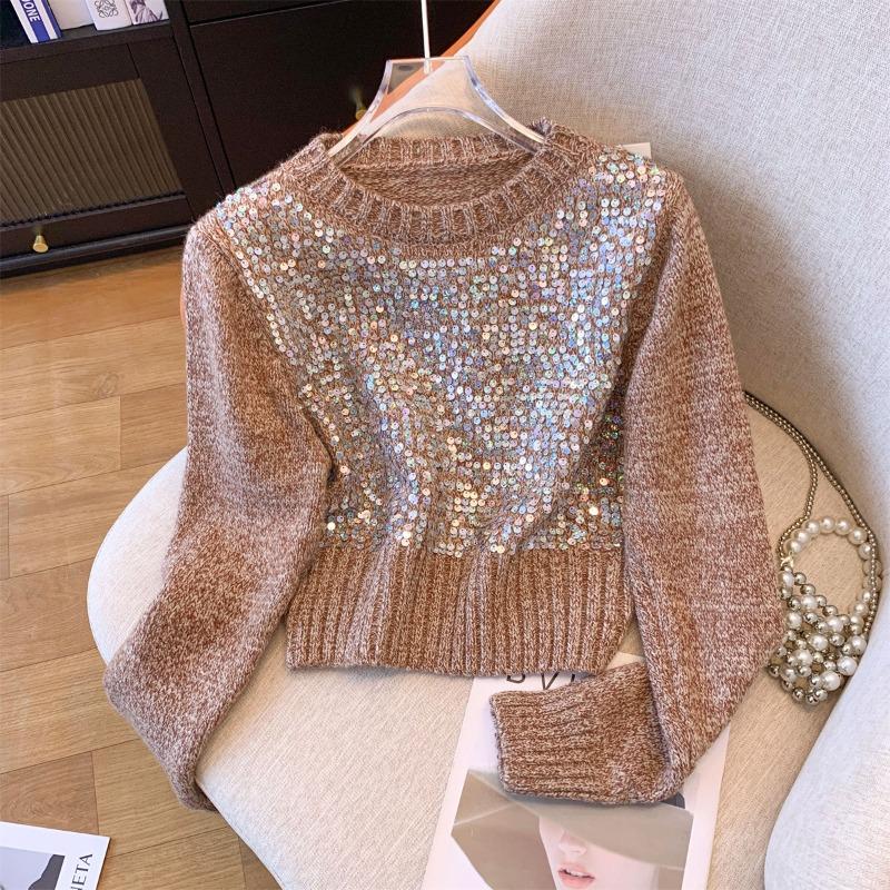 Heavy Industry Sequined Short Round Neck Pullover Knitted Sweater Autumn and Winter New Sweet Temperament Design Sweater