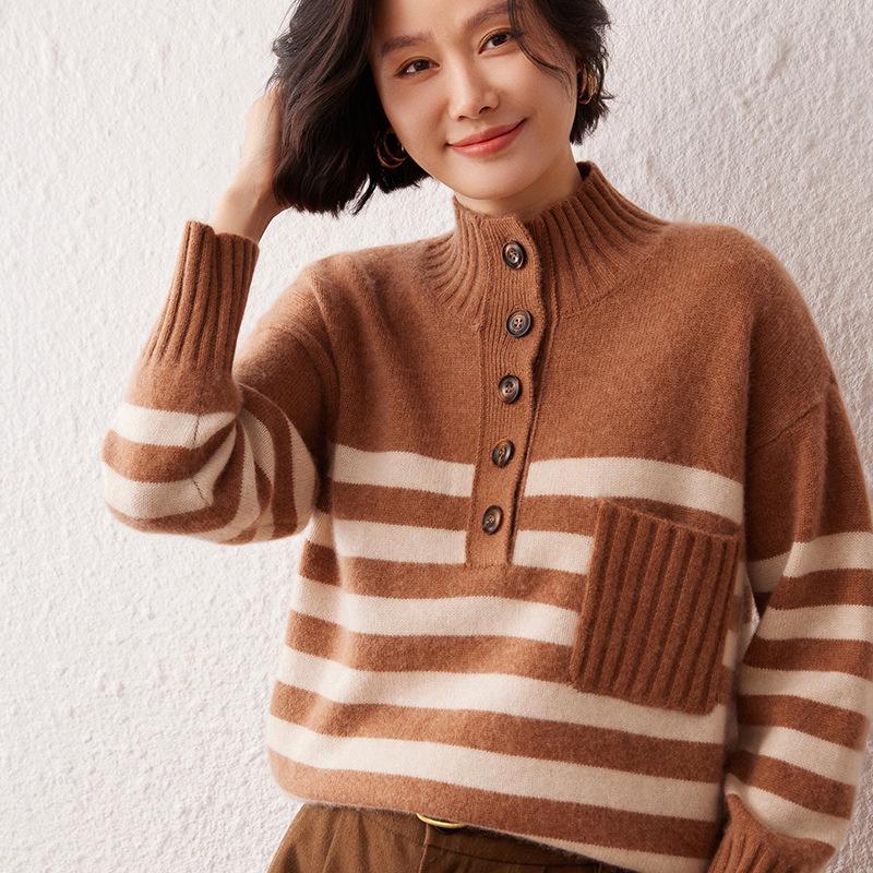 Lekasha Cashmere Striped Knit Sweater - Versatile, Skin-Friendly, Loose Fit for Autumn/Winter