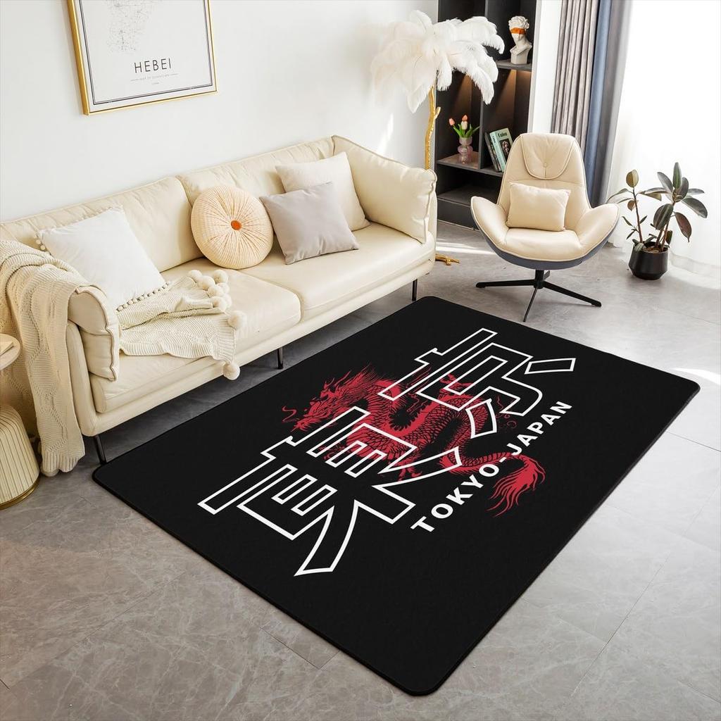 Tokyo Japan Red Dragon Area Carpet, Non-Slip Floor Rug for Living Room Bedroom, Bold Streetwear Themed Mat for Home Decor