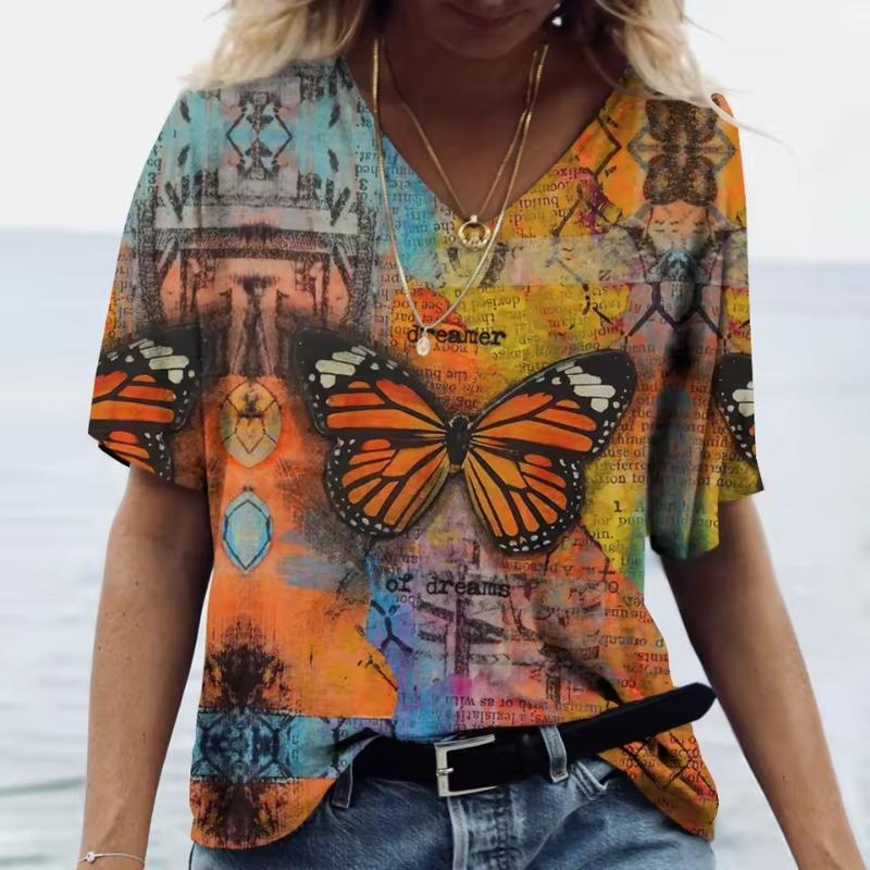 Summer Women's T-Shirt Vintage Casual Fashion V Neck Pullover Short Sleeve 3D Butterfly Print Loose Daily Tops Design Clothing