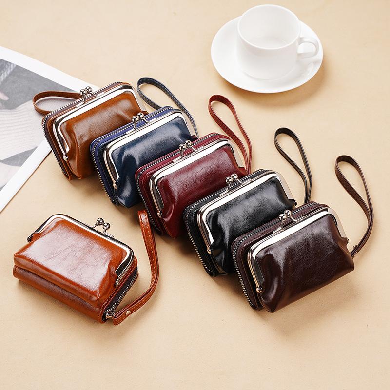 Womens Wallet Small Ladies Compact PU Leather Vintage Card Holder Coin Purse With Zipper Vintage Clip Organ Wrist Bag