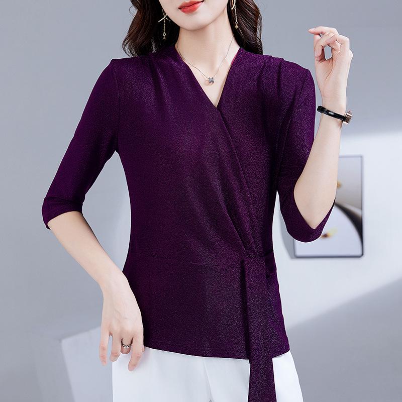 

Модная блузка с V-образным вырезом, стройнящая, для мам среднего возраста, со средними сетчатыми рукавами длиной пять восьмых 3XL фиолетовый