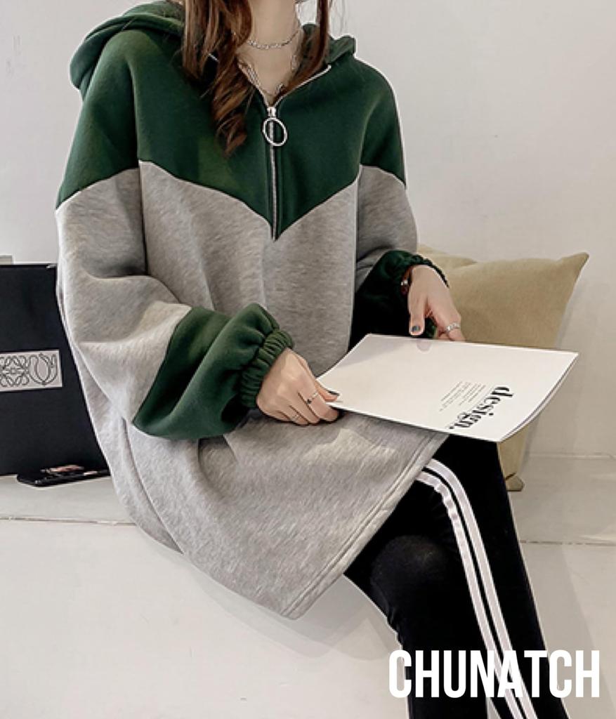 uniquely improved long solid perfect for and Lightweight and this green hoodie is perfect for or Size Chunach's zip-up hoodie, two-tone material,