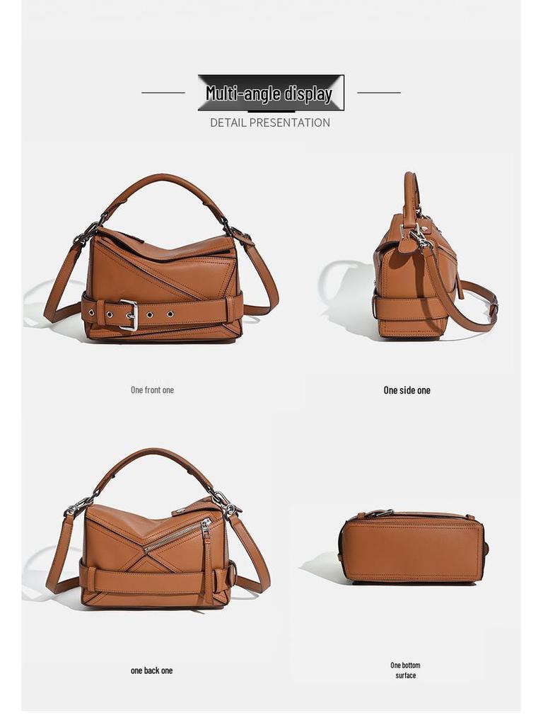 2025 Autumn Geometric Cowhide Crossbody Biker Bag - Large Capacity Genuine Leather Handbag for Women