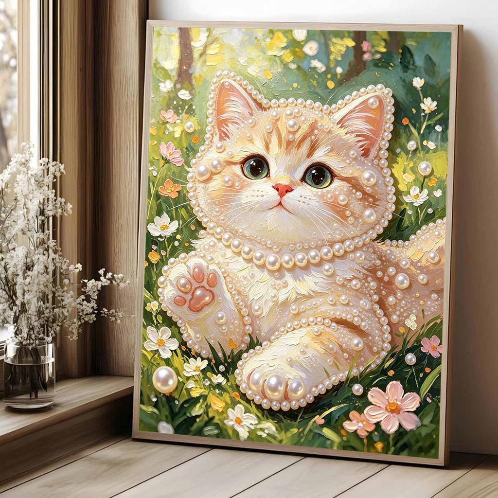 Framed Pearl Painting Kit Cute Kitten Pattern DIY 3D Bead Art Canvas Relaxing Handmade Craft for Adults Stress Relief Creative Home Decor