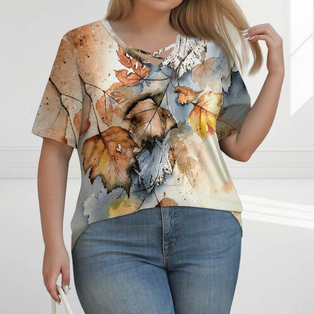 Women's Fashion Casual Solid Colour Stripe Printed V-Neck Short Sleeve Large Size T-Shirt Top