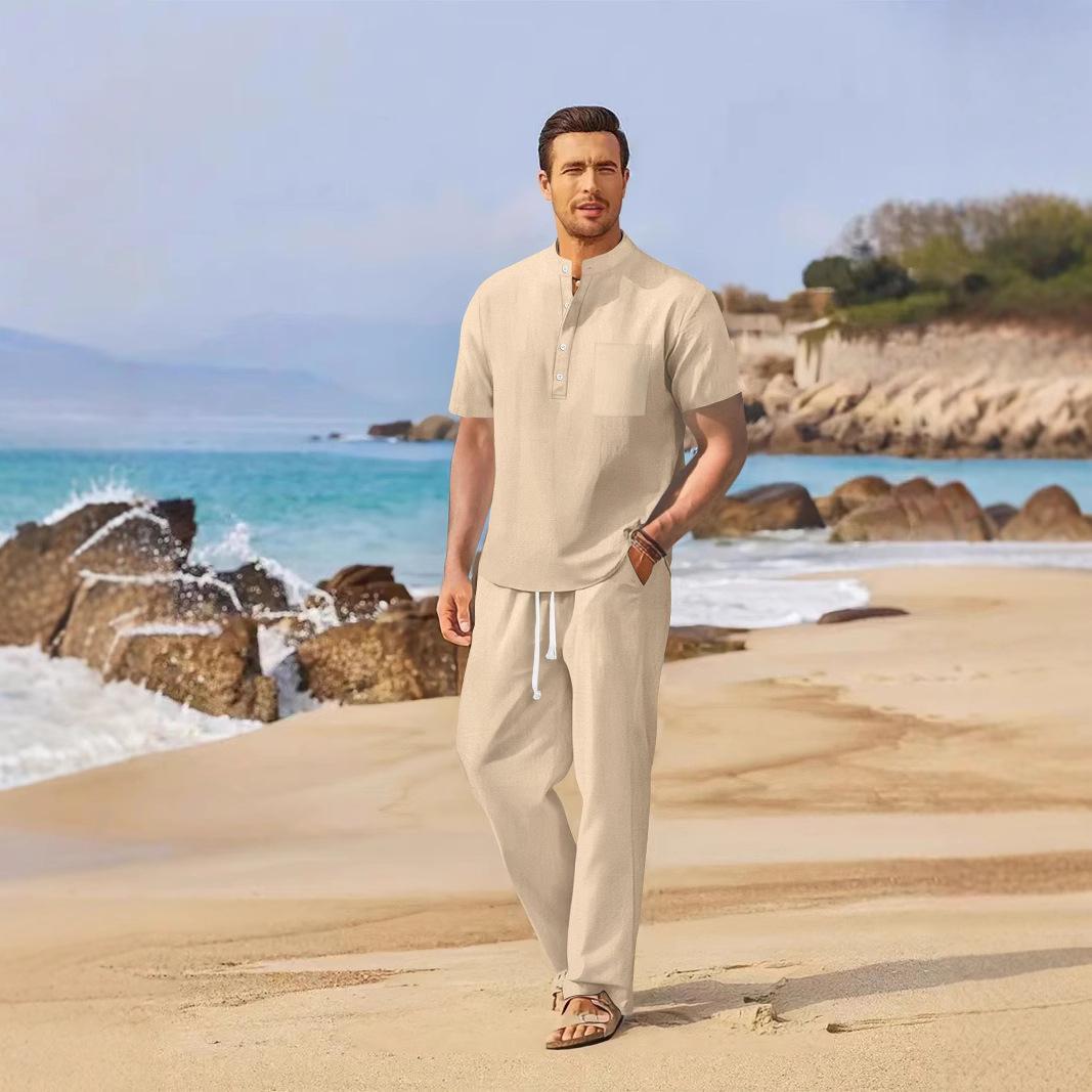 

Мужской повседневный комплект из хлопка и льна на весну/лето 2025: Свободная футболка с коротким рукавом и длинные брюки XL хаки