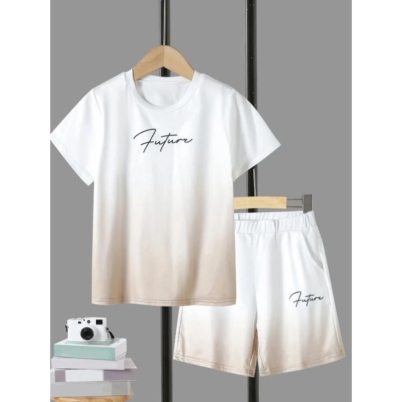2-Piece Set of Boys' Blue White Gradient Round Neck T-Shirts with Letter Print Pattern Comfortable Breathable Shorts Suitable for Outdoor Sports Wear