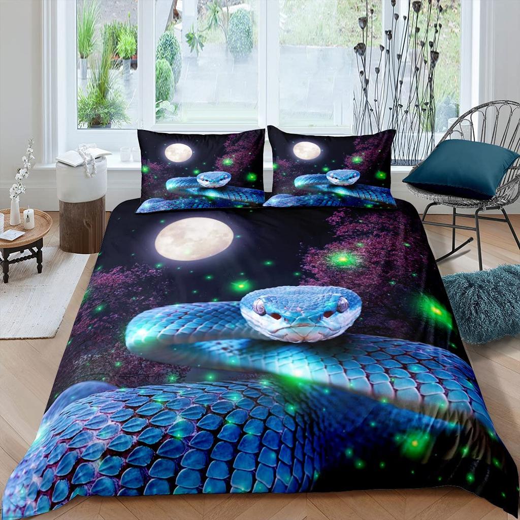 Snake Duvet Cover Set 3D Python Palm Leaf Bedding Set King Size Reptile Tropical Theme Quilt Cover for Kids Boys Girls Teens