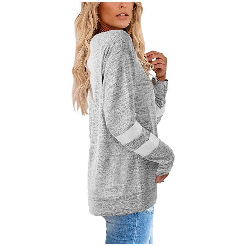 Damen V-Ausschnitt Langarm Kontrastfarbe Lockeres T-Shirt