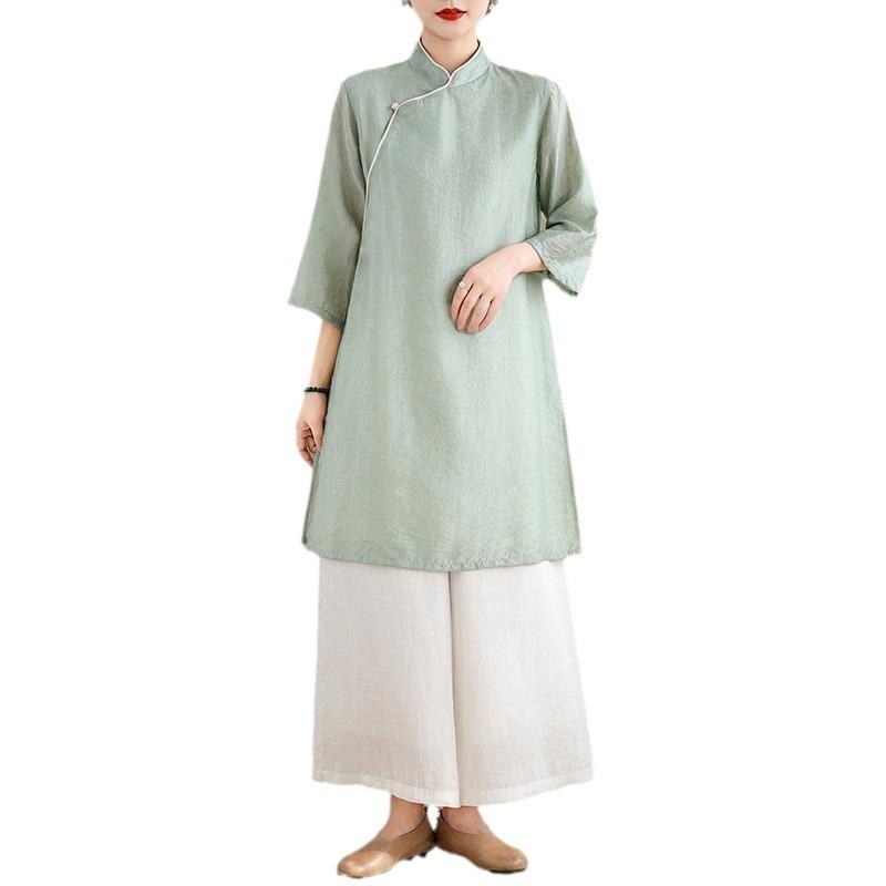 Women's cheongsam top 2025 summer new medium stand-up collar buckle seven-quarter sleeve solid color cotton and linen shirt