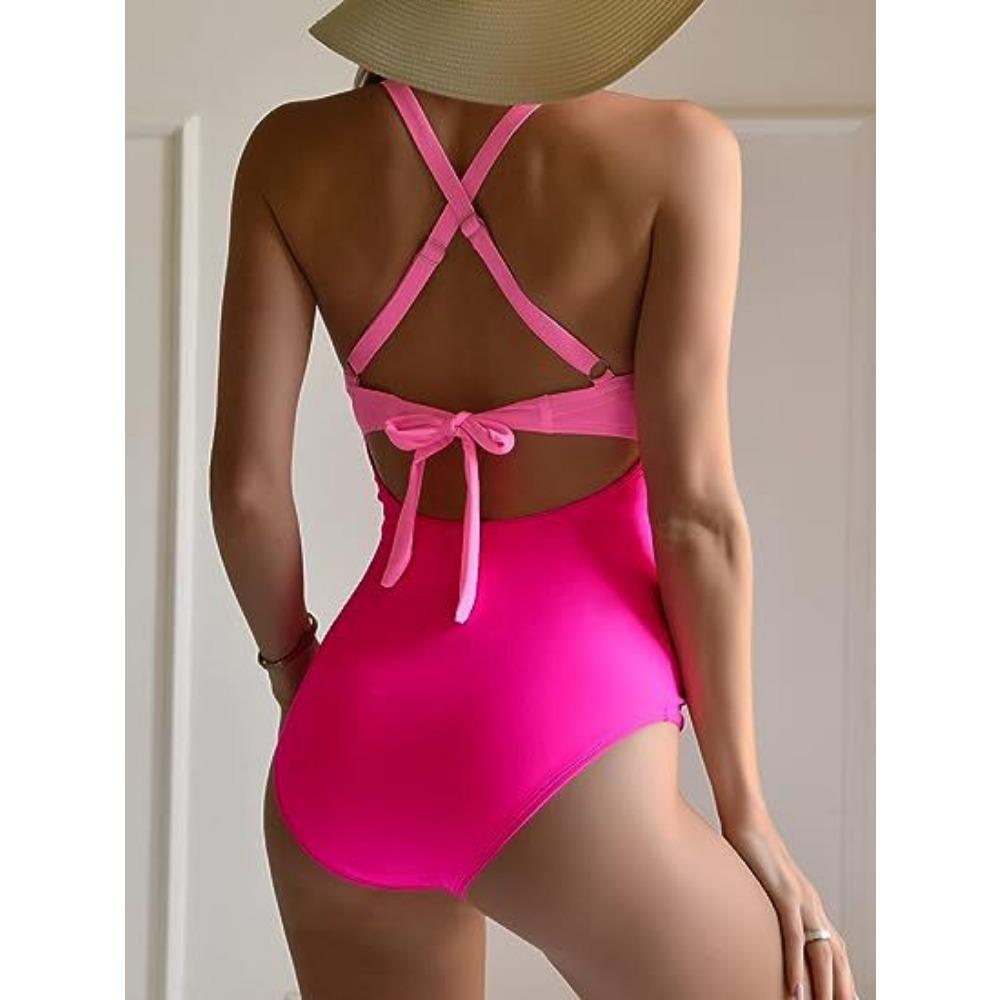 One-piece Solid Color Swimsuit Women's European and American Backless Splicing Sexy Swimsuit Cross Leopard Print Straps