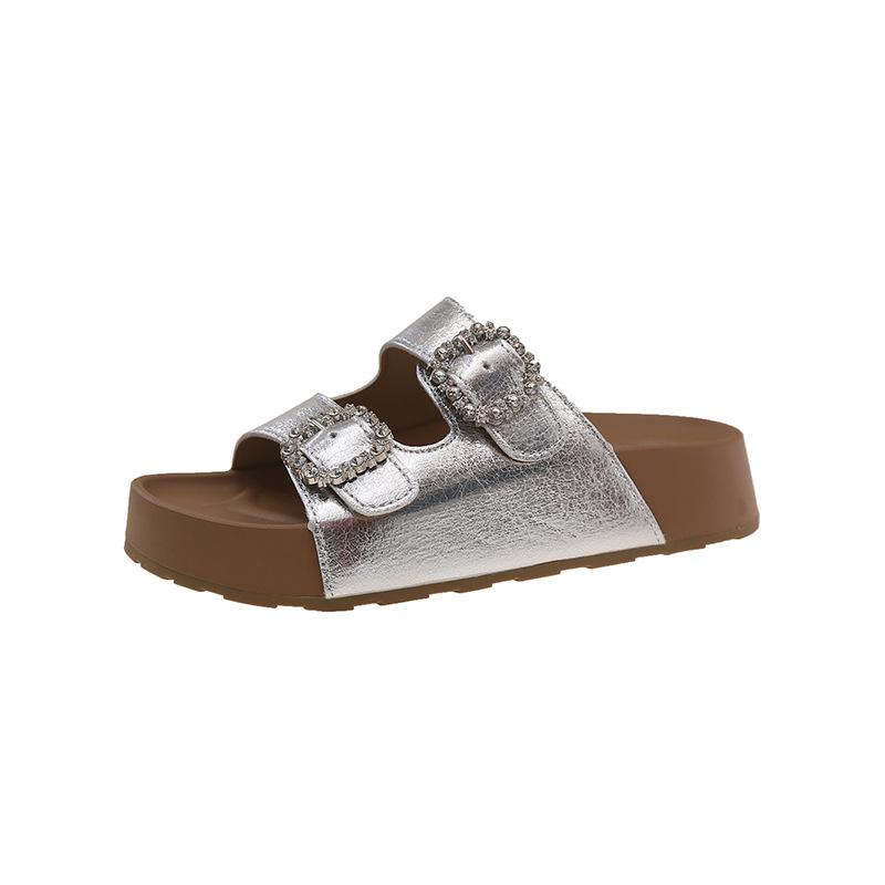 Rhinestone Square Buckle One-word Slippers Women's 2025 Summer New Thick-bottomed Lightweight Non-slip Outer Wear Beach Cool Slippers