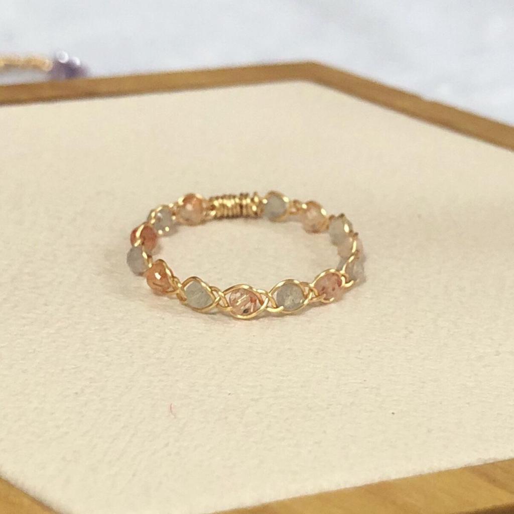 Natural Sunstone & Moonstone Woven Women's Ring, 14k Gold Filled