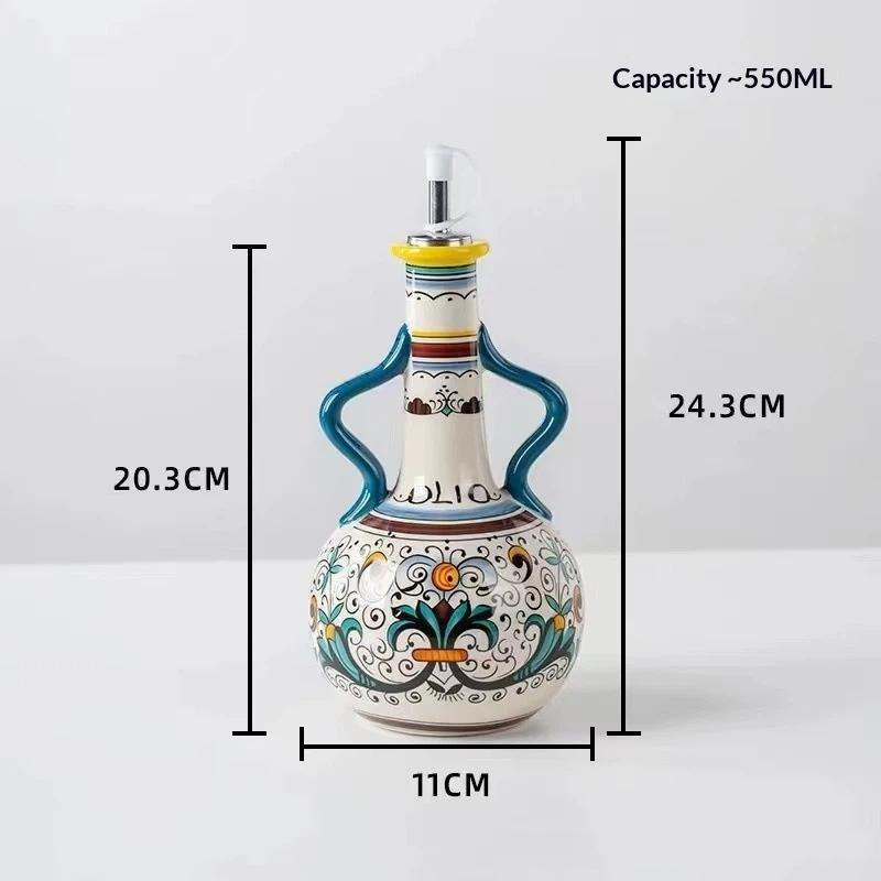 Ceramic Oil Vinegar Dispenser Underglaze Embossed Food Grade Oil Can for Kitchen Countertop Cooking Use