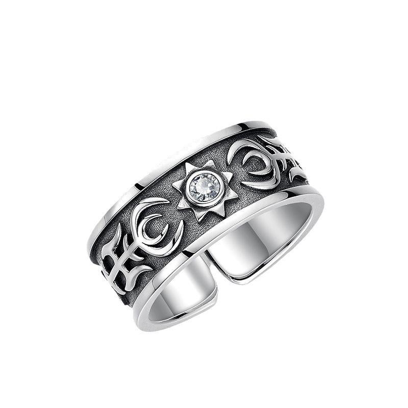 Adjustable Open Ring Men Women Vintage Sun Relief Carved Geometric Plated Statement Band