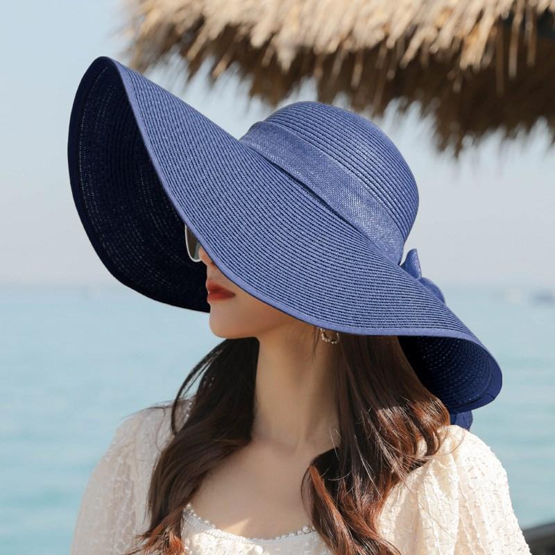 Summer Wide-Brim Sunshade Travel Beach Hat for Women, Bowknot Straw Hat, Sun Protection, Foldable Summer Sun Hat for the Beach