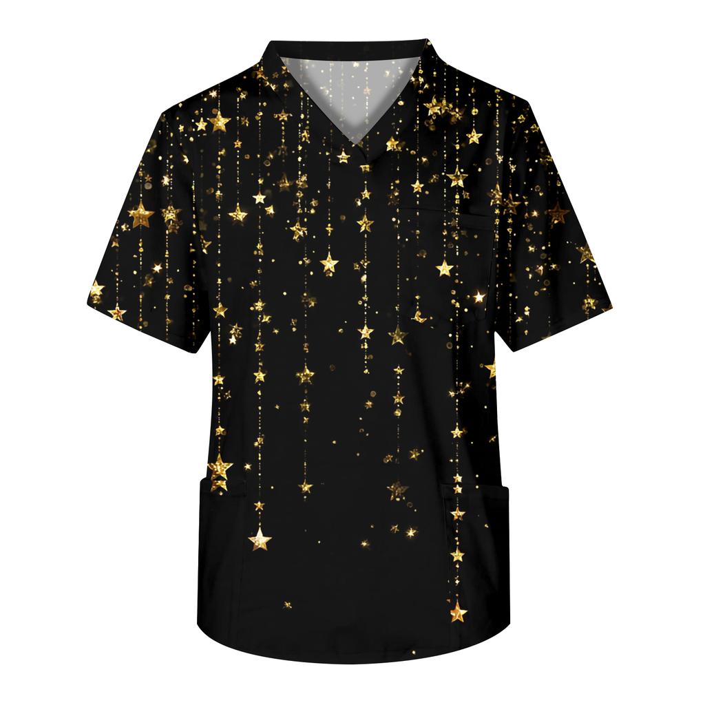 Men's Printing Short Sleeve V-neck Working Blouse Chest Pocket Carer Top