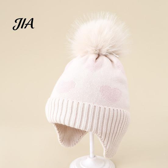 Cute Pom Knit Hat Kids Winter Hat, Warm Soft Pompom Cozy Gift for Children Heart Pattern, Earflap Boys Girls Toddlers Breathable