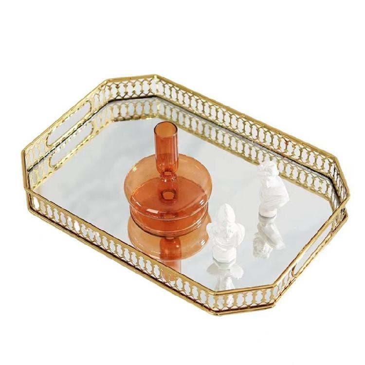 Gold Trimmed Glass Cosmetic Storage Tray Elegant Makeup Perfumes Organizer Metal Construction Display Plate