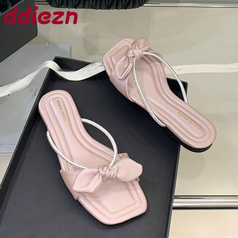 Fashion Fashion Butterfly-Knot Ladies Flats Slippers Shoes Summer Footwear Square Toe Women Flat Slippers Sandals Shoes Female Slides