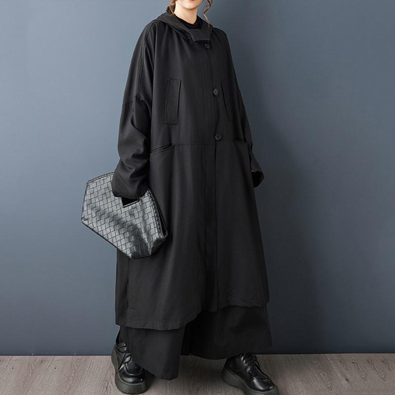 Long Sleeve Oversized Hooded Vintage Black Casual Loose Autumn Spring Winter Trench Coat for Women Outerwear