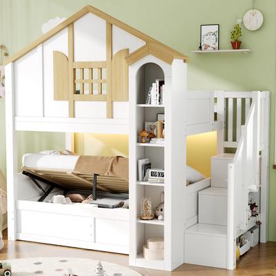 Etagenbett mit hydraulischem unterem Bett, Hochbett aus Massivholz, 90*200+90*200cm, mit LED und Stauraumtreppe, schlossförmiger Stauraum, weiß+natur