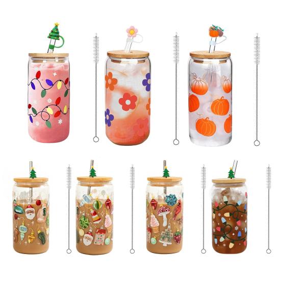 Color Changing Christmas Glass Cup with Lid Straw Brush Reusable Glass Iced Coffee Cup Cute Xmas Party Decorations for Mom Her